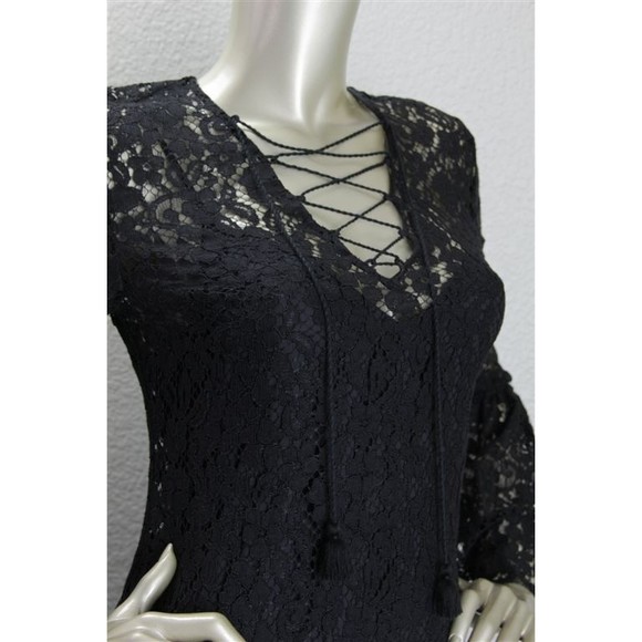 NWT RACHEL ZOE Black Lace Flared Poet Sleeve Corset Tie Mini Dress 4 - Picture 4 of 7